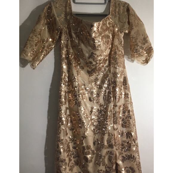 Neiman Marcus Women's Size Medium Beige Floral Sequin Square Neck Evening Dress - Picture 2 of 6